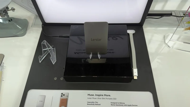A display showcases the Lexar Muse Ultra-Slim Portable SSD with a promotional card stating 'Muse. Inspire More.' and highlighting its compatibility with Apple devices.