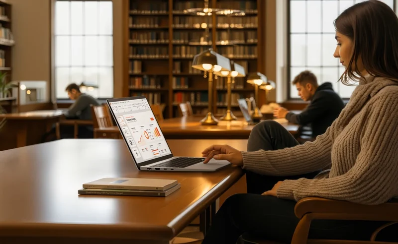 A woman in a library is using an unbranded laptop displaying a business analytics dashboard with charts and graphs labeled 'Current graph.'
