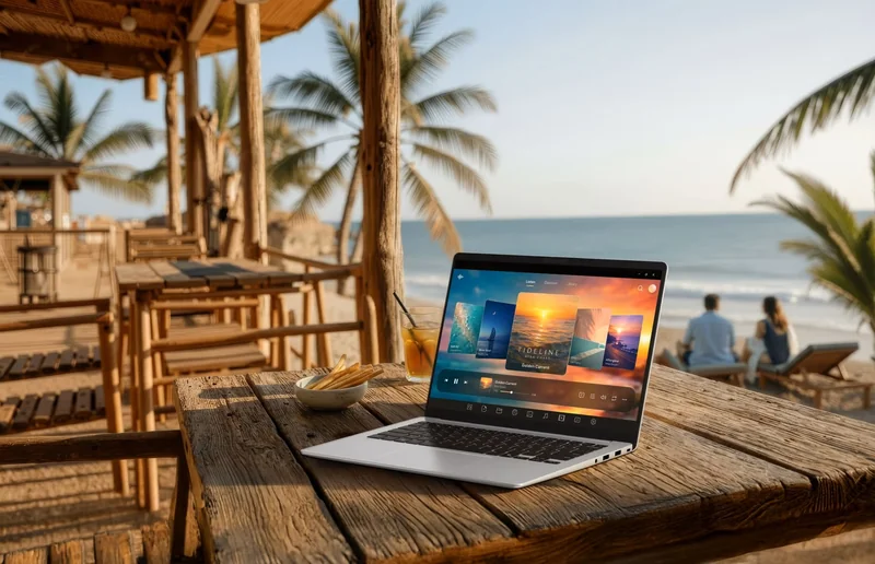 A laptop displaying a media streaming interface is placed on a wooden table at a beachside cafe with palm trees and the ocean in the background.