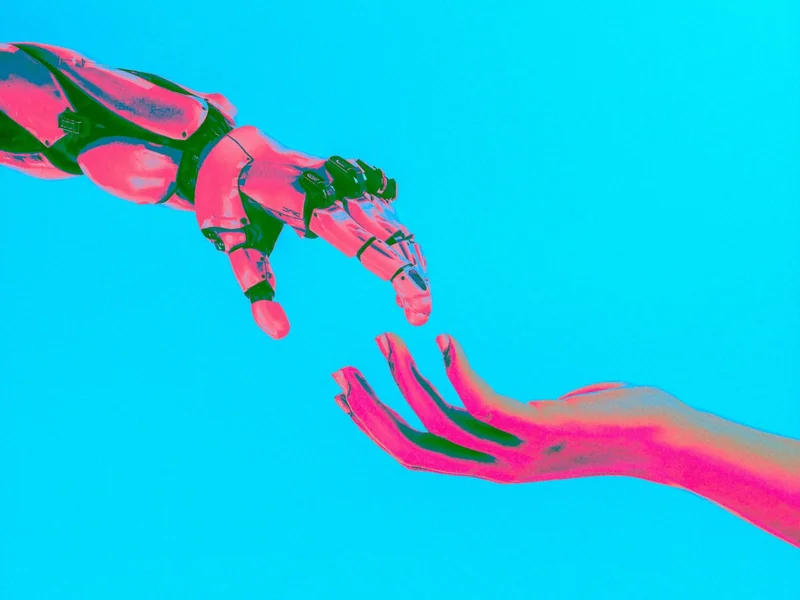 Robot and human hand as Microsoft AI has published a draft Humanist AI Code of Conduct, opening a six-week public consultation on operational constraints for model training and deployment.