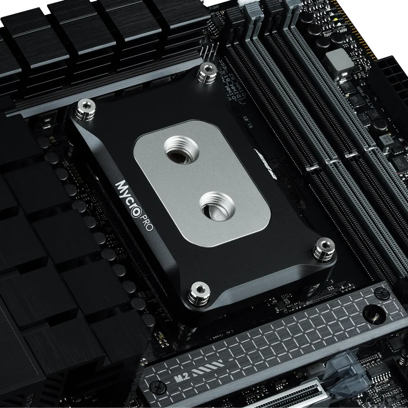 A MYCIO Pro waterblock is mounted on a motherboard with visible DIMM slots and an 'M.2' marked slot.