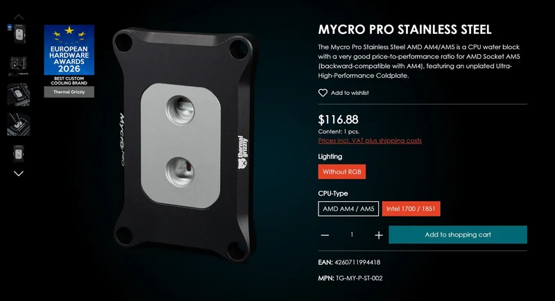 The Thermal Grizzly Mycro Pro Stainless Steel CPU water block for AMD AM4/AM5 is featured alongside a 'European Hardware Awards 2026' badge, priced at $116.88 with options for CPU types and lighting without RGB.