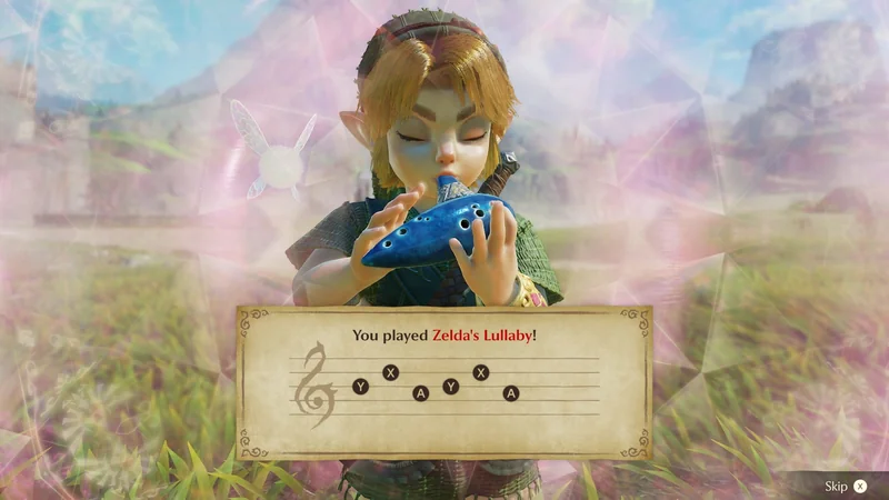 Link plays a blue ocarina in a field with an on-screen message reading 'You played Zelda's Lullaby!' and showing button sequence 'Y X A Y X A'.
