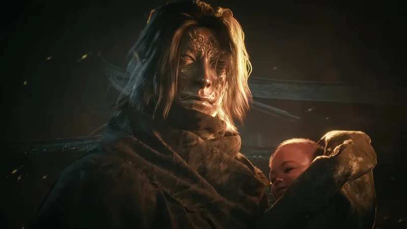 A character with intricate facial markings holds a baby in a dimly lit, atmospheric setting, possibly from a fantasy video game.
