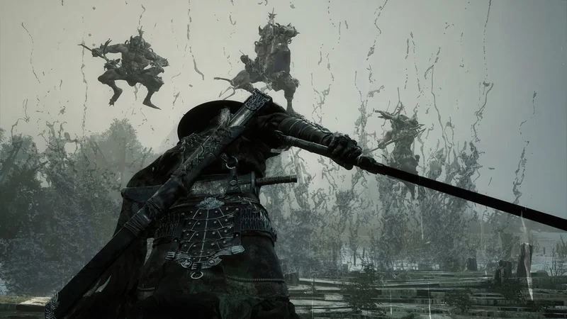 A character in Phantom Blade Zero engages in combat, wielding a sword against looming mythical creatures amidst a stormy backdrop.