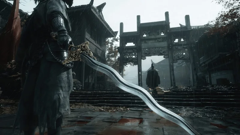 A character holding an ornate sword confronts a cloaked figure in a rainy, ancient Asian architectural setting from an action-adventure game.