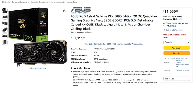 The ASUS ROG Astral GeForce RTX 5090 Edition 20 OC graphics card is displayed with packaging and a price of $11,999.