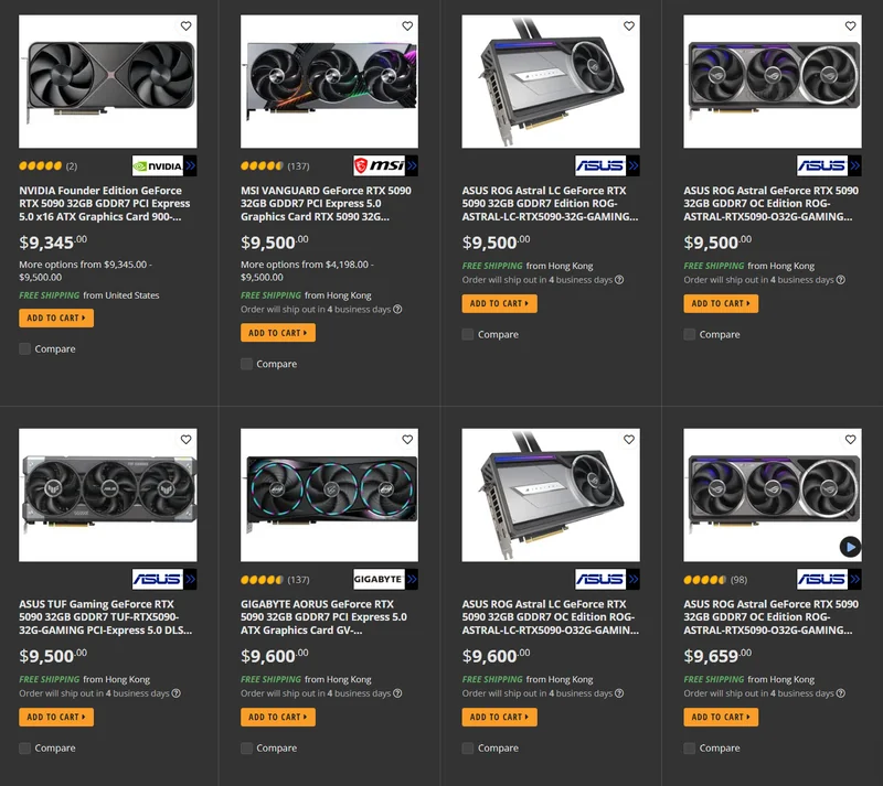 A grid of graphics cards displayed for sale includes models like the NVIDIA Founder Edition GeForce RTX 5090 and ASUS ROG Astral GeForce RTX 5090, with prices ranging from $9,345.00 to $9,569.00.