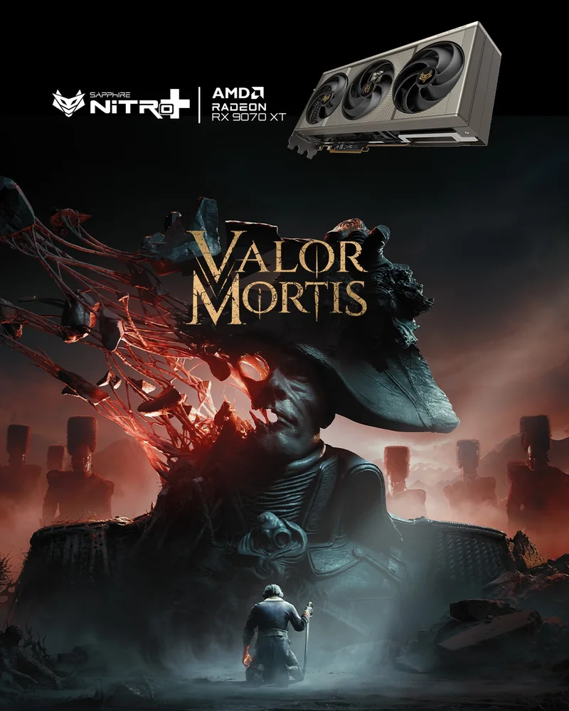 A promotional poster for 'Valor Mortis' featuring a Sapphire NITRO+ AMD Radeon RX 9070 XT graphics card alongside an artwork of a kneeling figure before a colossal statue.