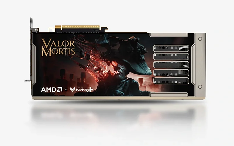 An AMD graphics card features custom artwork from Valor Mortis and logos for AMD and Sapphire Nitro.