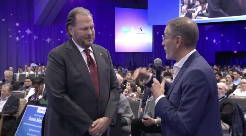 Adecco Group CEO Denis Machuel speaks with Salesforce CEO Marc Benioff at the Dreamforce 2026 keynote.