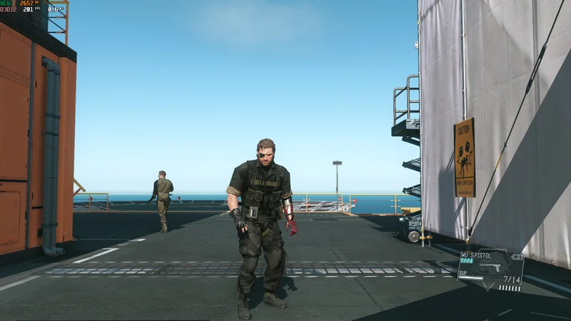 A character stands on an offshore platform in Metal Gear Solid V: The Phantom Pain, wearing tactical gear and a red prosthetic arm, with game stats on the screen showing '201 FPS' and 'WU S.PISTOL 7/14'.