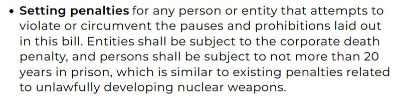 Ban Artificial Superintelligence Act wording on penalties