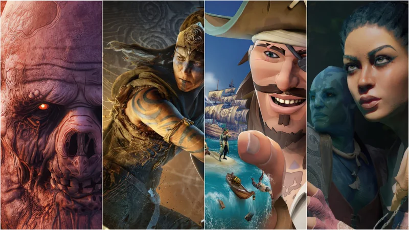 A collage of characters from four Xbox video games, including a monstrous figure, a warrior with face paint, a pirate with a ship in the background, and a duo with one person in close-up and another with blue skin. The games were made by Undead Labs, Ninja Theory, Rare, and Obsidian.