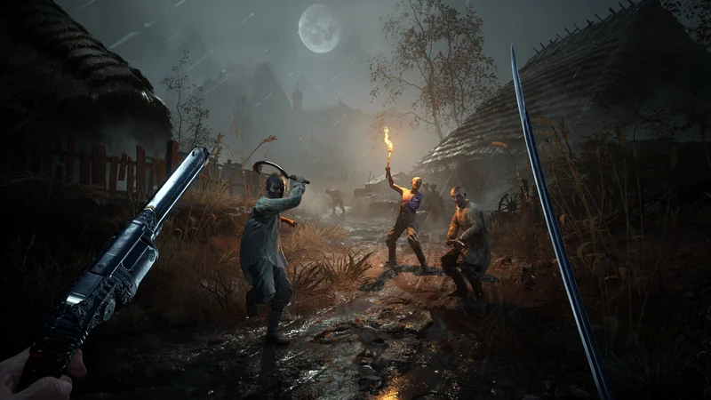 A character in the game Witchfire aims a shotgun at enemies on a dark, rainy night, with one enemy wielding a torch.