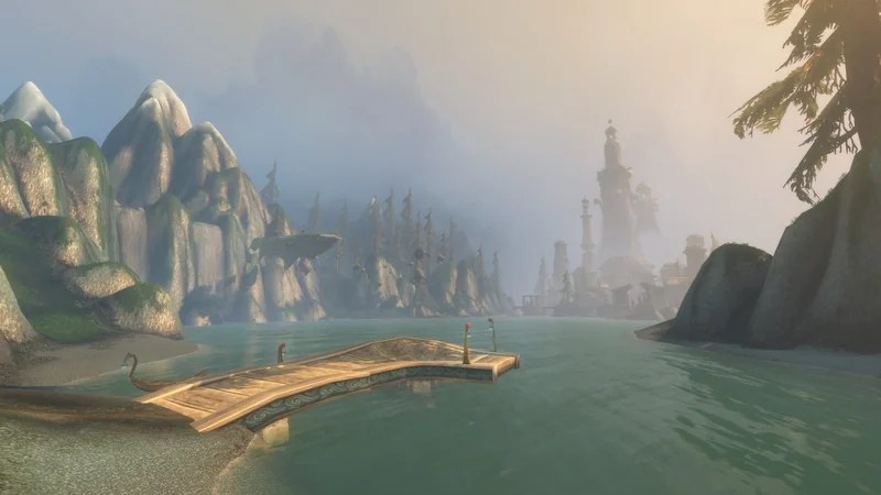 A scenic view from the game 'World of Warcraft' showing a wooden dock, misty mountains, and a distant castle-like structure under a cloudy sky.