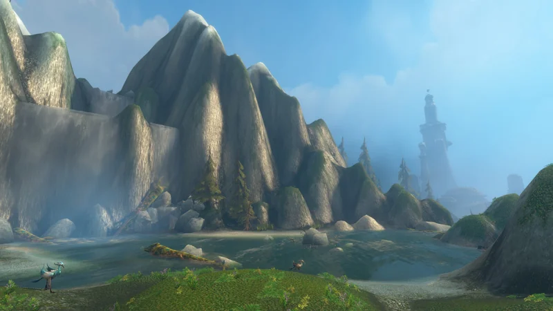 A scenic view from World of Warcraft showing a tranquil waterfall flowing down rocky cliffs with a lighthouse in the foggy distance.