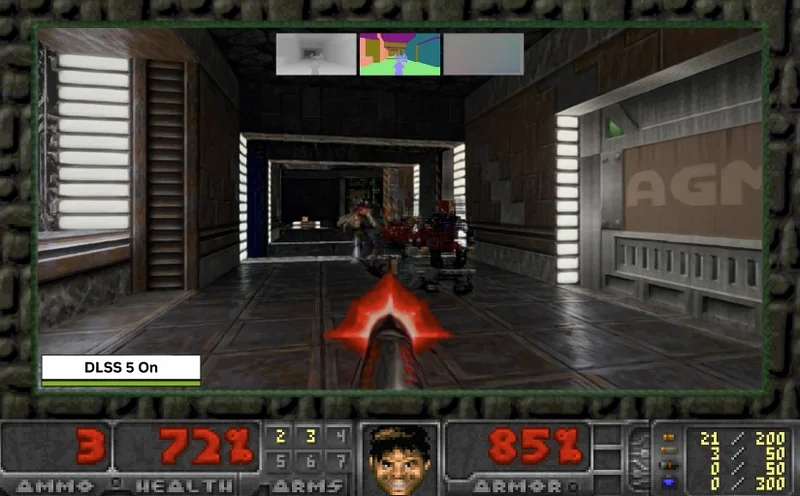 A classic FPS game screen with 'DLSS 5 On' text, showing a player aiming at an enemy in a corridor with visible health and ammo bars.