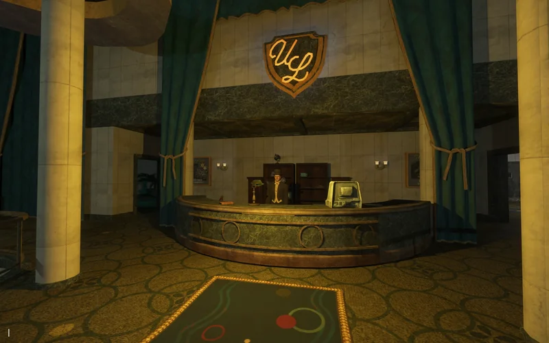 A lobby area from the game Fallout: New Vegas, featuring an NCR robot at a reception desk beneath a 'UL' logo on the wall.