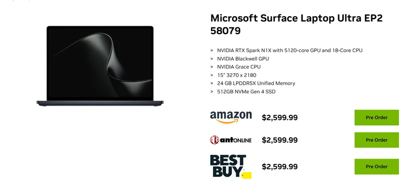 The image shows a Microsoft Surface Laptop Ultra EP2 with specifications including an NVIDIA RTX Spark N1X with 5120-core GPU, NVIDIA Blackwell GPU, NVIDIA Grace CPU, 15 3270 x 2180 display, 24 GB LPDDR5X Unified Memory, and a 512GB NVMe Gen 4 SSD, priced at $2,599.99 on Amazon, Antonline, and Best Buy.
