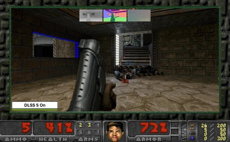 A first-person shooter game displaying a character with a gun and the on-screen text 'DLSS 5 On'.