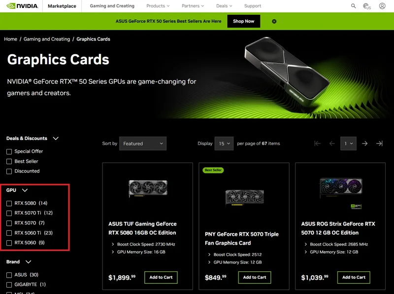 The NVIDIA website displays graphics cards including the ASUS TUF Gaming GeForce RTX 5080 16GB OC Edition priced at $1,899.99 and the PNY GeForce RTX 5070 Triple Fan Graphics Card priced at $849.99, with specifications listed under each model.