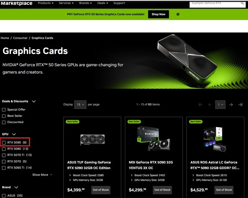 A webpage displaying various NVIDIA GeForce RTX 5090 graphics cards for sale, including the ASUS TUF Gaming GeForce RTX 5090 32GB OC Edition and the MSI GeForce RTX 5090 32GB VENTUS 3X OC, both labeled as 'Best Seller' and marked 'Out of Stock' with prices listed.