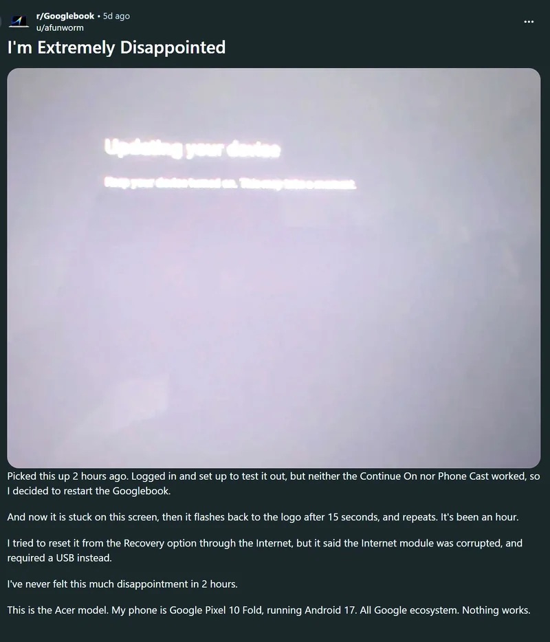 A blurred screen displays the text 'Updating your device' with instructions to keep the device turned on.