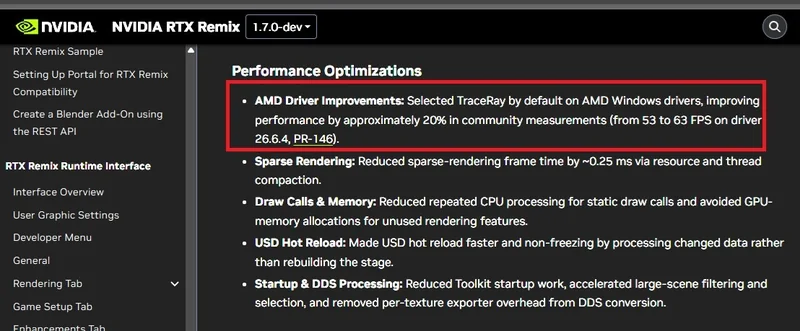 The NVIDIA RTX Remix interface displays 'Performance Optimizations' including 'AMD Driver Improvements' that enhance performance by approximately 20% on specific AMD Windows drivers.