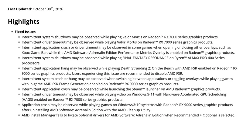 A list of 'Fixed Issues' detailing resolved problems with AMD Radeon RX 7600, RX 7000, and RX 9000 series graphics products, along with specific games and scenarios like 'Valor Mortis,' 'Death Stranding 2,' and 'FINAL FANTASY RESONANCE.'