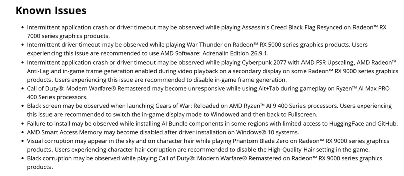 The image lists multiple Known Issues with AMD products, including application crashes with Radeon RX 7000 series and black screens in Gears of War: Reloaded on Ryzen AI 9 400 Series processors.