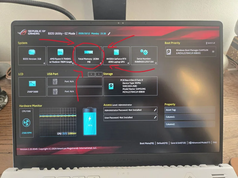 A ASUS Republic of Gamers BIOS Utility screen displays 'BIOS Version: 318,' an AMD Ryzen 9 7940HS CPU, NVIDIA GeForce RTX 4090 Laptop GPU, 'Total Memory: 16384 MB,' and a Samsung SSD (Model: MZVL21T0HCLR-00B00).