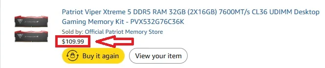 The Patriot Viper Xtreme 5 DDR5 RAM 32GB (2x16GB) kit is priced at $109.99, with options to 'Buy it again' or 'View your item'.