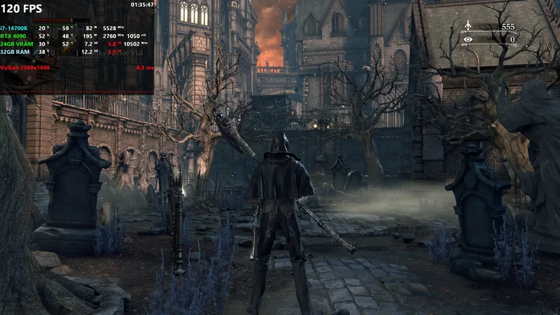 A character in 'Bloodborne' stands in a graveyard setting with a visible overlay indicating '120 FPS' and specifications including 'i7-14700k' and 'RTX 4090'.