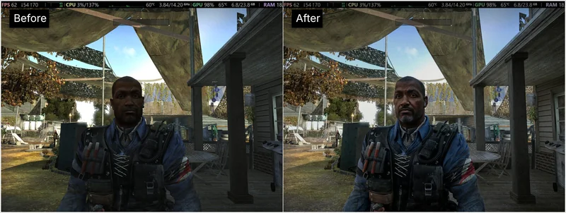 A split image shows a gaming scene before and after a graphical enhancement, highlighting increased detail and clarity in the character's face and surroundings.