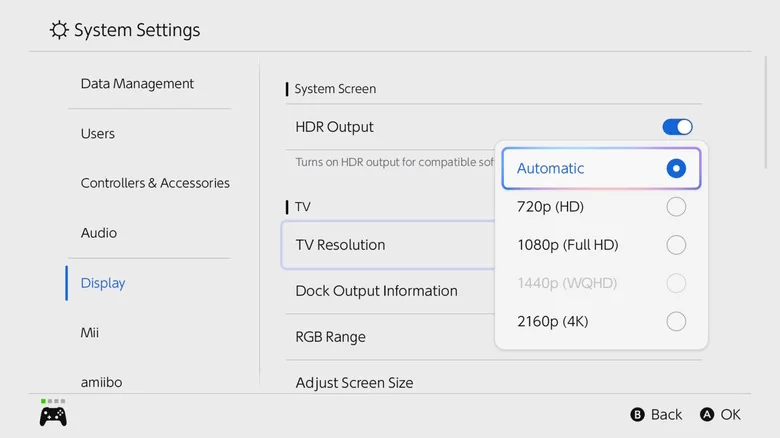 Screenshot of Nintendo Switch 2's resolution sub-menu under its settings menu.