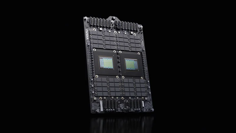 A dual-chip NVIDIA circuit board is displayed with a visible NVIDIA logo on a black background.