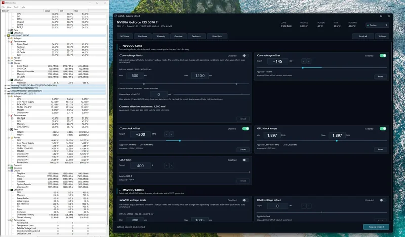A dual-screen setup shows HWMonitor readings on the left with various hardware stats, including an NVIDIA GeForce RTX 5070 Ti, and a utility application on the right with overclocking settings such as 'Core clock offset' set to '+300 MHz' and 'GPU clock range' indicating a frequency of '1,897 MHz'.