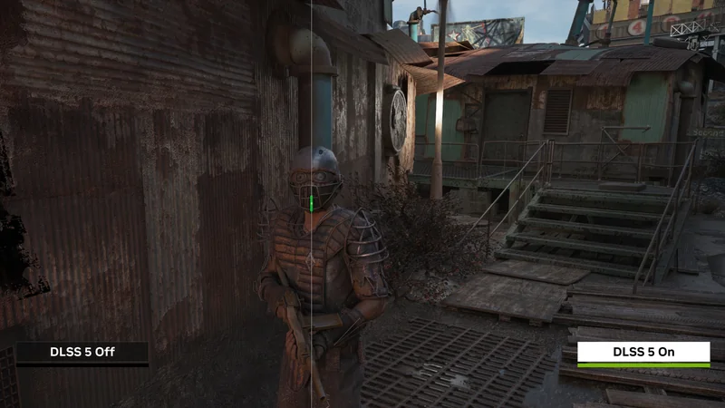 A split-screen image in a game environment shows the difference between 'DLSS 5 Off' on the left and 'DLSS 5 On' on the right, highlighting enhanced visual clarity and detail improvements.