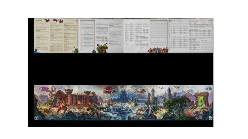 A colorful fantasy battle scene with dragons, armored warriors, and airships against a backdrop of mountains and castles, featuring various character details and adventure elements.