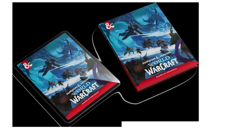 A tablet displaying cover art for a 'Dungeons & Dragons' and 'World of Warcraft' gameplay expansion next to a matching book with similar artwork and 'GAMEPLAY EXPANSION' text on the cover.