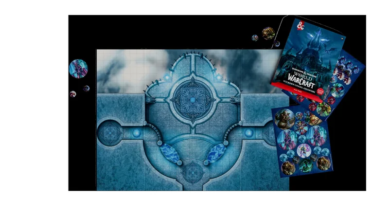 A detailed map of the Icecrown Citadel Adventure for World of Warcraft Dungeons & Dragons, featuring blue icy designs and character tokens.