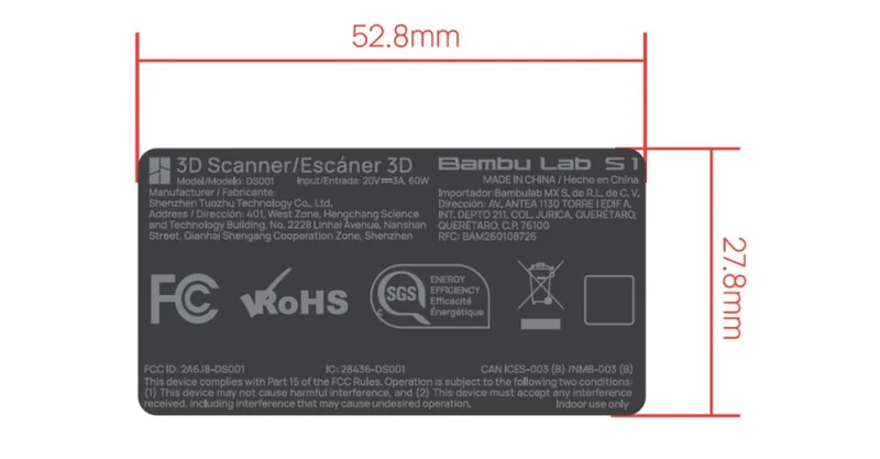 Label of S1 3D scanner in FCC filing