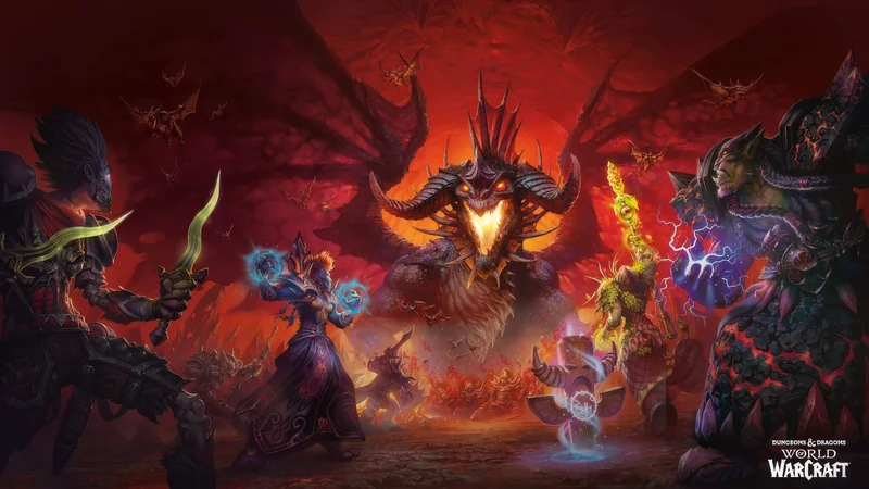 A scene from Dungeons & Dragons: World of Warcraft depicts fantasy characters engaging in battle against a large dragon amidst a fiery landscape.