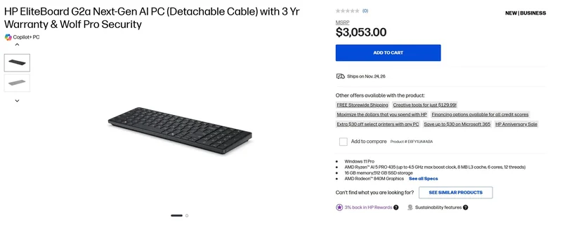 The HP EliteBoard G2a is listed at an MSRP of $3,053.00, featuring a detachable cable, AMD Ryzen AI 5 PRO 435 processor, 16 GB memory, 512 GB SSD storage, and AMD Radeon 840M graphics.