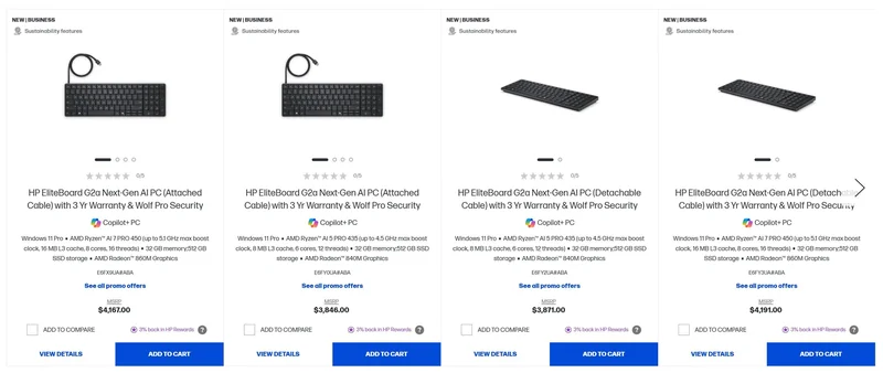A product listing featuring the HP EliteBoard G2a Next-Gen AI PC with both attached and detachable cable options, AMD Ryzen AI processors, AMD Radeon graphics, and pricing ranging from $3,846.00 to $4,191.00.