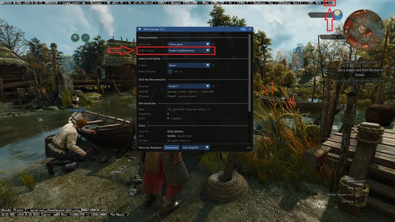 A scene from The Witcher 3 shows the MFG Unlocker 1.6.1 interface with 'DLSS-G preset' set to 'Preset C (performance)' and 'DLSS Ray Reconstruction' using 'Preset F,' while a character labeled Talk Boatwright is beside a boat.