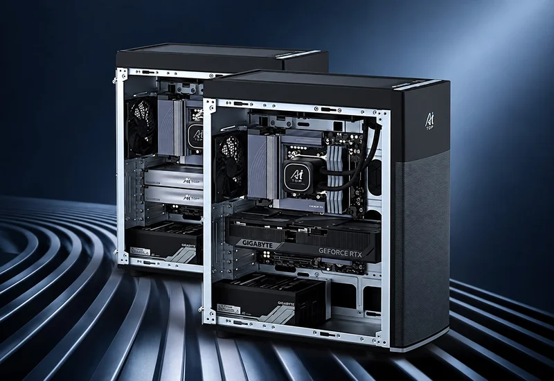 Two open computer cases with visible 'Ai TOP' branding, housing Gigabyte motherboards and NVIDIA GeForce RTX graphics cards, set against a sleek, modern background.