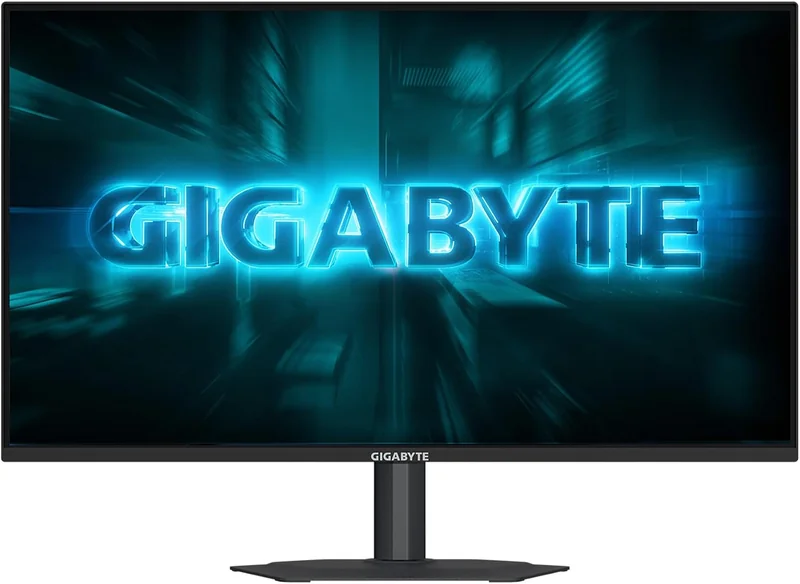 A computer monitor displaying the brand name GIGABYTE in large, bright blue letters, with GIGABYTE also visible on the monitor's stand.