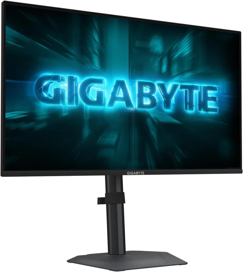 A Gigabyte monitor displaying a futuristic blue graphic with the text 'GIGABYTE'.